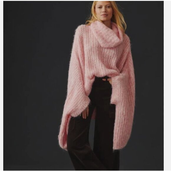 By Anthropologie Funnel Turtleneck Oversized Pink Poncho One Size Wool Blend - Picture 1 of 15